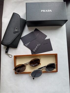 NWOT Prada Oval Metal Sunglasses — Brown and Silver (PR 65Z), Size 52-21-145